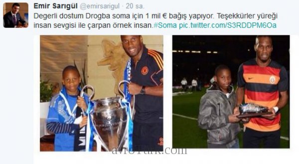 "Didier Drogba Soma'ya 1 milyon avro yardım yapacak" tviti.