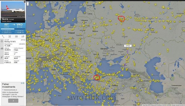 İstanbul'dan Moskova'ya giden THY uçağı Ukrayna'nın çevresinden dolaşıyor.  18 Temmuz 2014 saat 23:58 (Berlin saati)