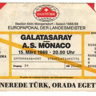 15 Mart 1989 Köln Almanya Galatasaray - AS Monako Bileti (ön yüz)